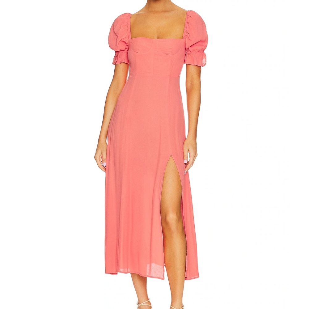 WeWoreWhat Coral Pink Midi Dress with Puff Sleeves